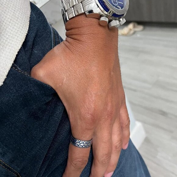 Blue Tire Ring, Stainless Steel Men's Band Solid Light Weight Feel - Picture 7 of 8